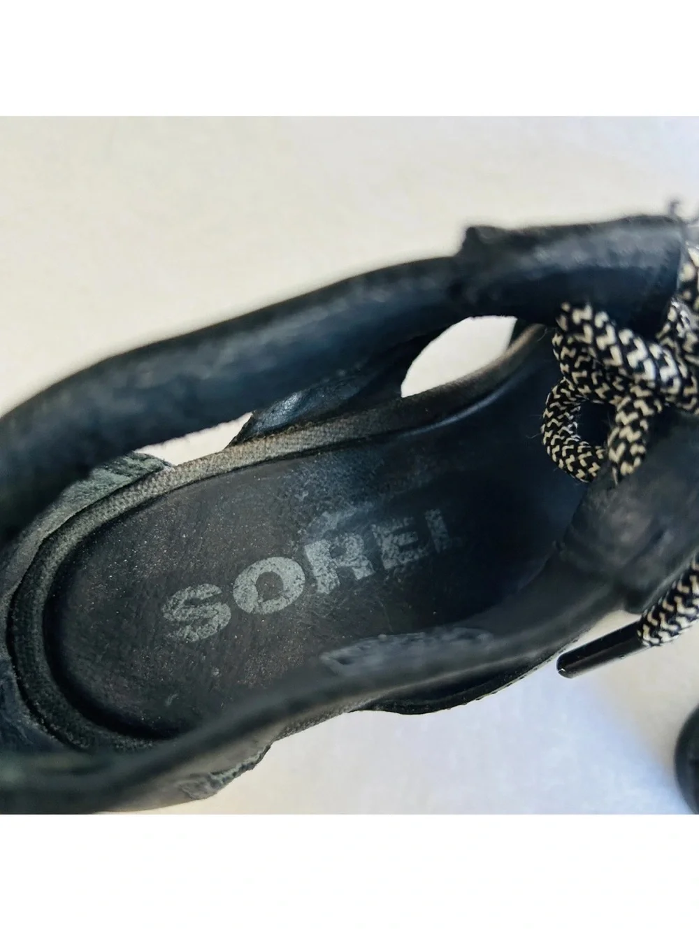 SOREL Women’s Joanie II Lace Up Wedge Leather Sandals Size 6.5 Black Sea Salt